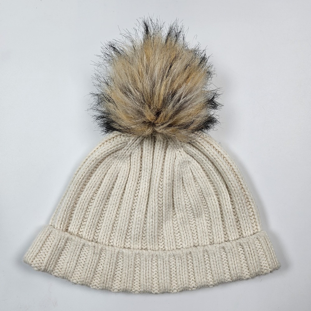 NEW J. Crew Ivory Knit Ribbed‎ Beanit Hat Faux Fur Pom Pom Winter Snow Hat